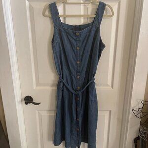 Talbots Dress Blue Denim Chambray Belted Sleeveless Coastal Casual Size 16P